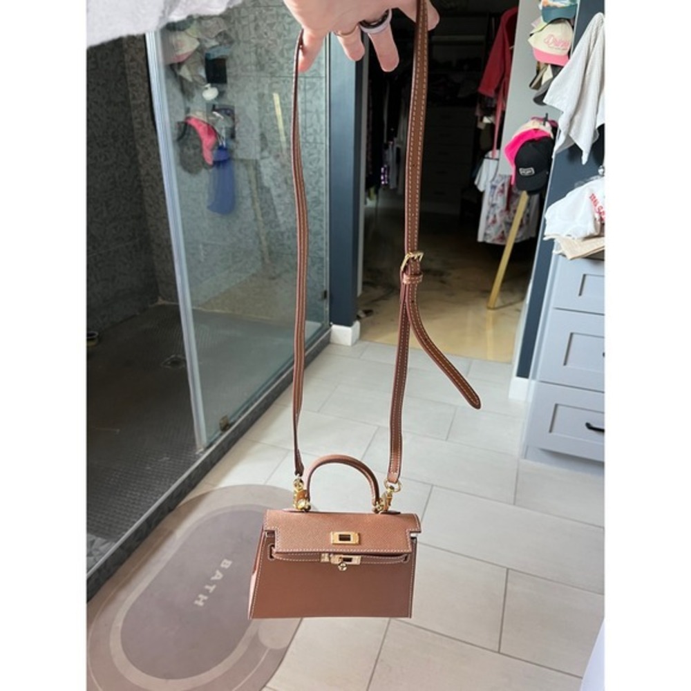 Brown Genuine Leather Mini Top Handle Crossbody Bag Gold Hardware Classic Chic - Picture 6 of 12